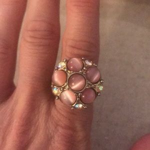 Pink iridescent studs, gold ring